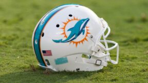 A Miami Dolphins helmet on the grass