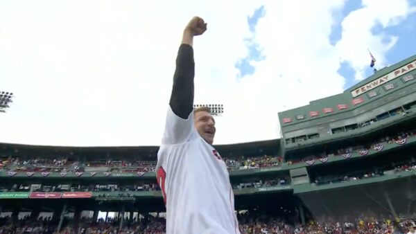 Rob Gronkowski raises his fist in the air