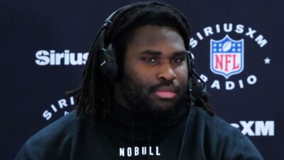 T'Vondre Sweat at a press conference