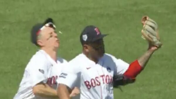 Tyler O'Neill collides with Rafael Devers