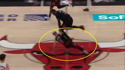 Alex Caruso and Andre Drummond colliding