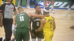 Damian Lillard and Andrew Nembhard exchange words during Pacers-Bucks Game 1