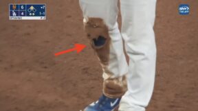 Dodgers catcher Will Smith's pants torn