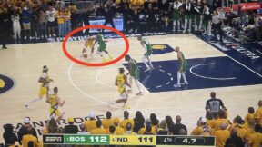 Andrew Nembard driving against Jrue Holiday in Game 3 of Pacers-Celtics