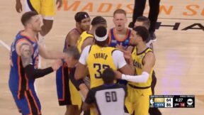 Donte DiVincenzo and Myles Turner get heated during Knicks-Pacers game