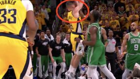 Jaylen Brown fouls TJ McConnell during Celtics-Pacers Game 4