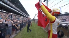 Josef Newgarden celebrating his Indy 500 win
