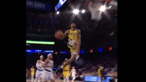 Obi Toppin does a between-the-legs dunk during Pacers-Knicks Game 1