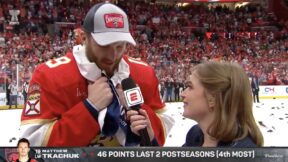 Panthers star Matthew Tkachuk gets interviewed after winning Stanley Cup Final