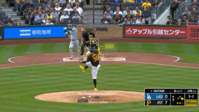 Shohei Ohtani after a swing against Paul Skenes