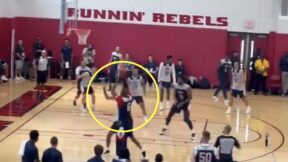 LeBron James throws up a brick during Team USA practice