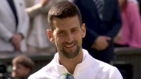 Novak Djokovic laughs at a question