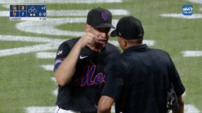 Mets manager Carlos arguing with an umpire