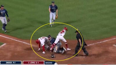 Angels players near home plate