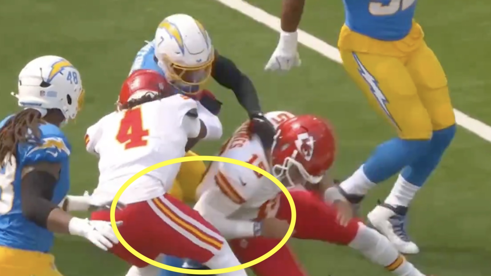 Rashee Rice carted off after being injured by Patrick Mahomes' tackle attempt