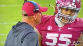 Alabama head coach Kalen DeBoer yelling at Miles McVay