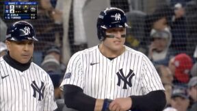 Anthony Rizzo smirking during a Yankees-Guardians ALCS game