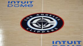 The LA Clippers logo at Intuit Dome