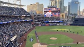 Dodgers manager Dave Roberts shown on the Padres' jumbotron at Petco Park