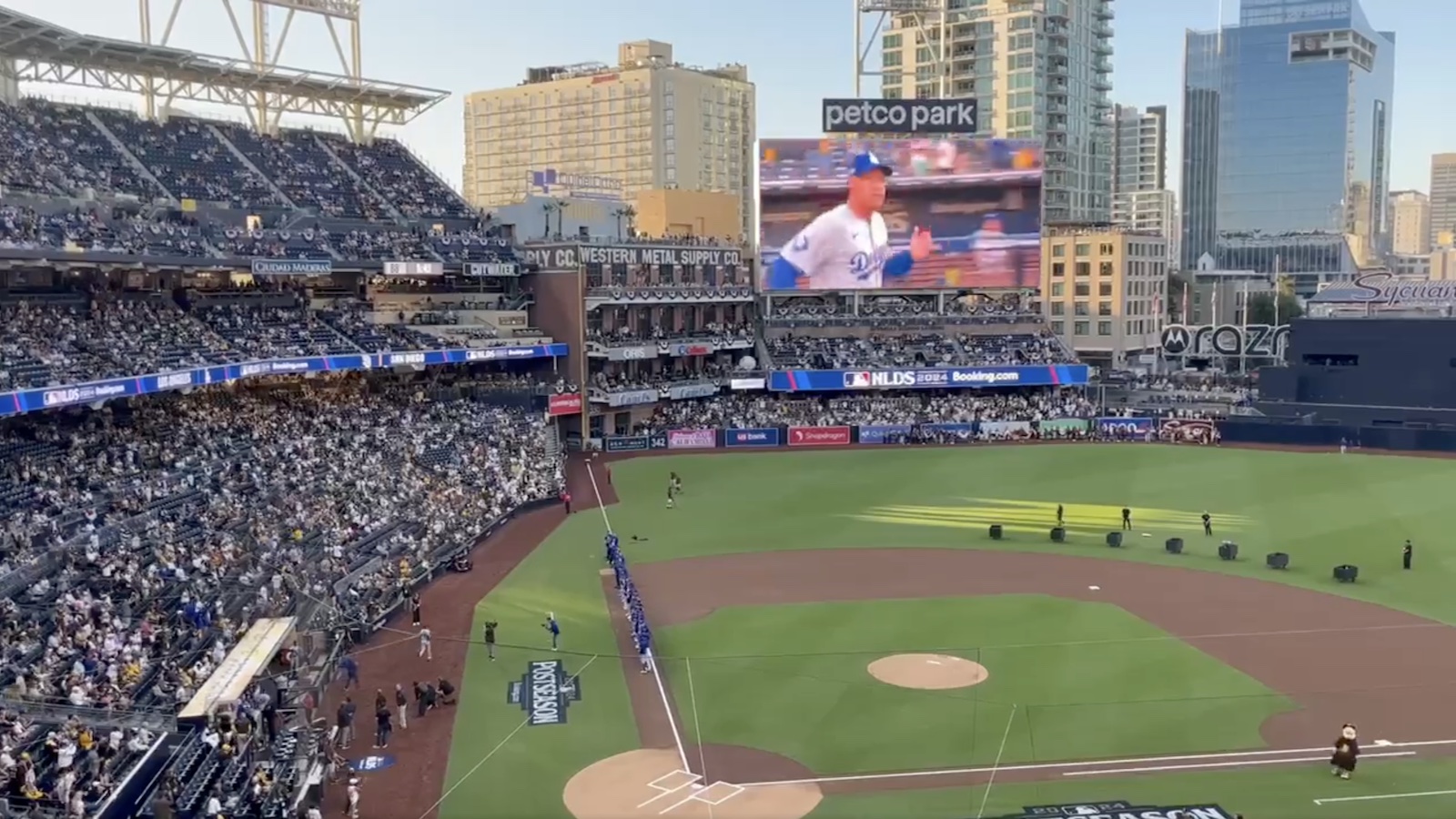 Dodgers manager Dave Roberts shown on the Padres' jumbotron at Petco Park