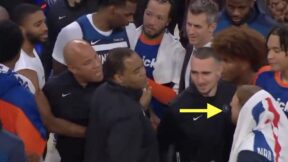 Donte DiVincenzo and Rick Brunson exchange words during Knicks-Timberwolves preseason game