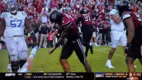 South Carolina defensive end Dylan Stewart doing a gun celebration after sacking Ole Miss' Jaxson Dart