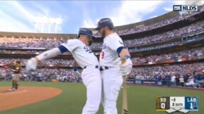 Enrique Hernandez and Gavin Lux celebrating a homer