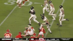 Saints' Khalen Saunders returning an interception on Chiefs QB Patrick Mahomes