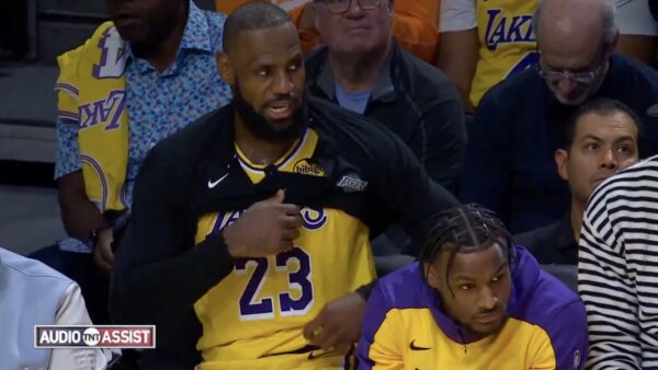 LeBron and Bronny James on the bench