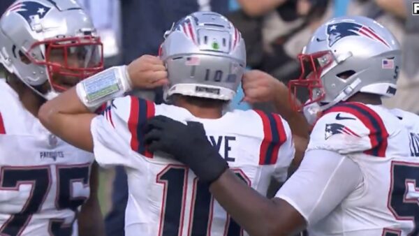 Drake Maye celebrates a touchdown pass