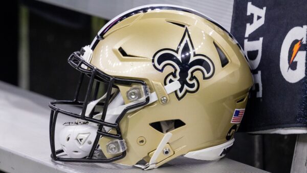 A Saints helmet on the bench