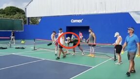 Pickleball player kicks opponent