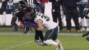 Eagles CB Cooper DeJean tackling Ravens RB Derrick Henry