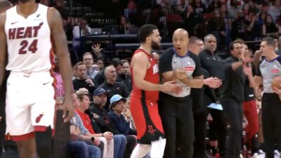 Rockets guard Fred VanVleet bumping Marc Davis