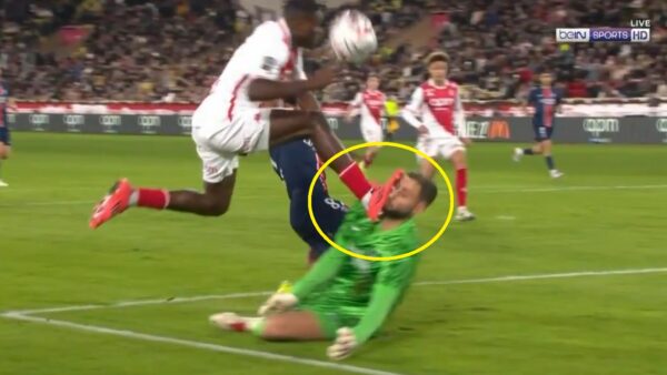 Gianluigi Donnarumma getting cleated in the face