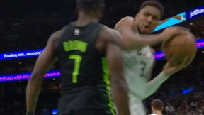 Jaylen Brown bumping Giannis Antetokounmpo