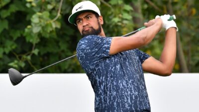 Tony Finau finishes his swing