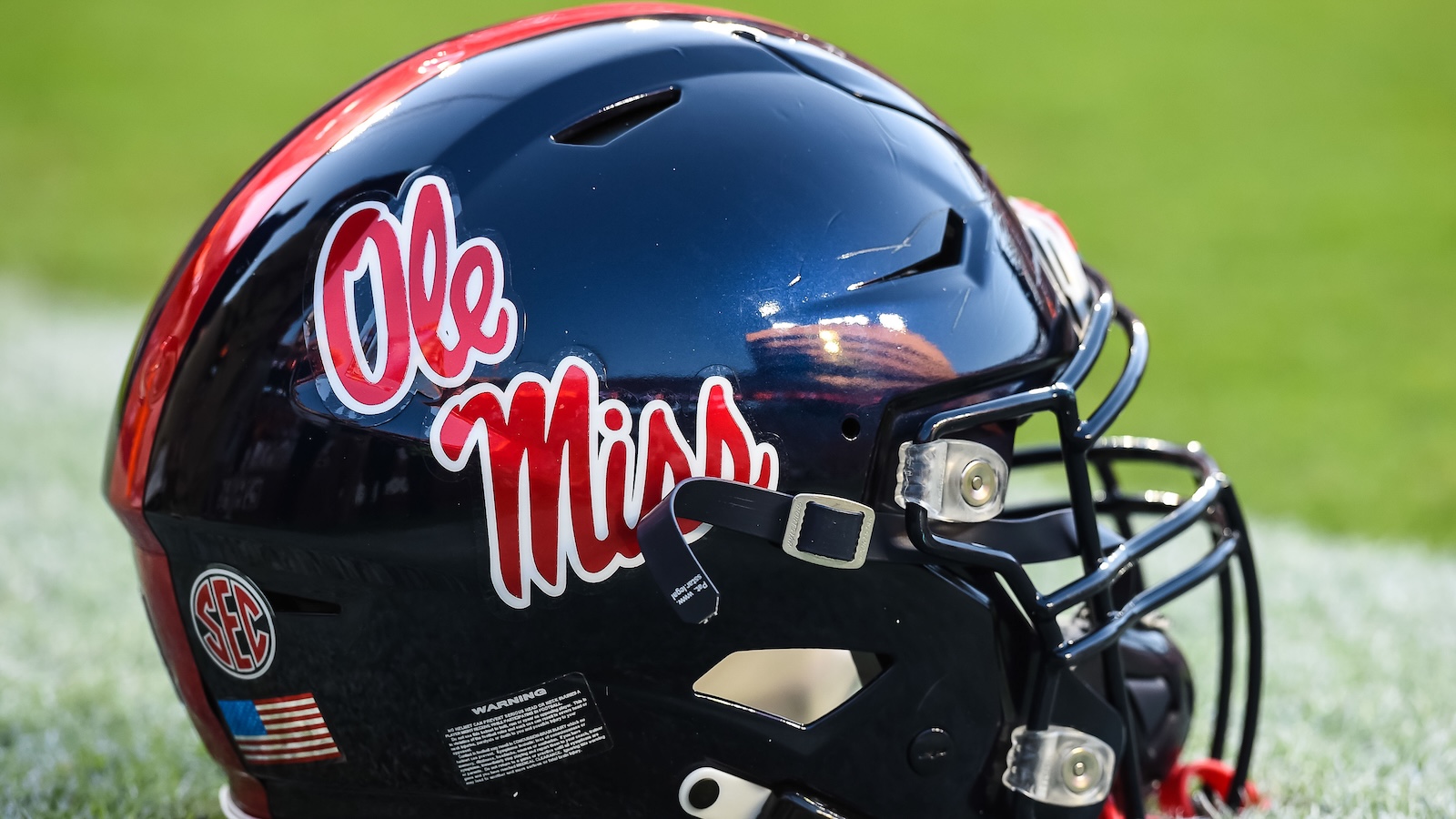 An Ole Miss helmet on the field