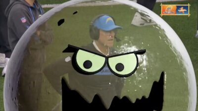 Chargers head coach Jim Harbaugh inside "The Dirty Bubble"