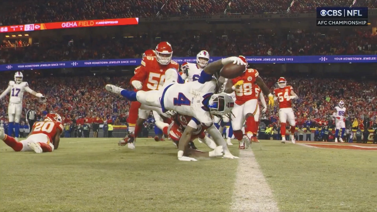 James Cook leaps for a touchdown during Bills-Chiefs playoff game