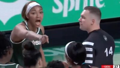 Angel Reese yelling at a referee