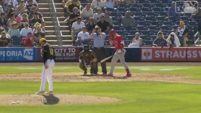 Umpire Mike Muchlinski showing the count during an Angels-Padres spring training game