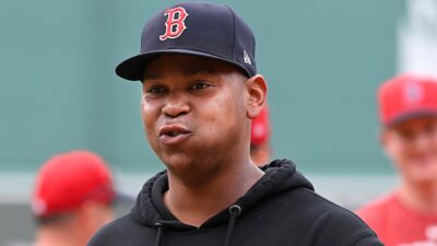 Rafael Devers looks on