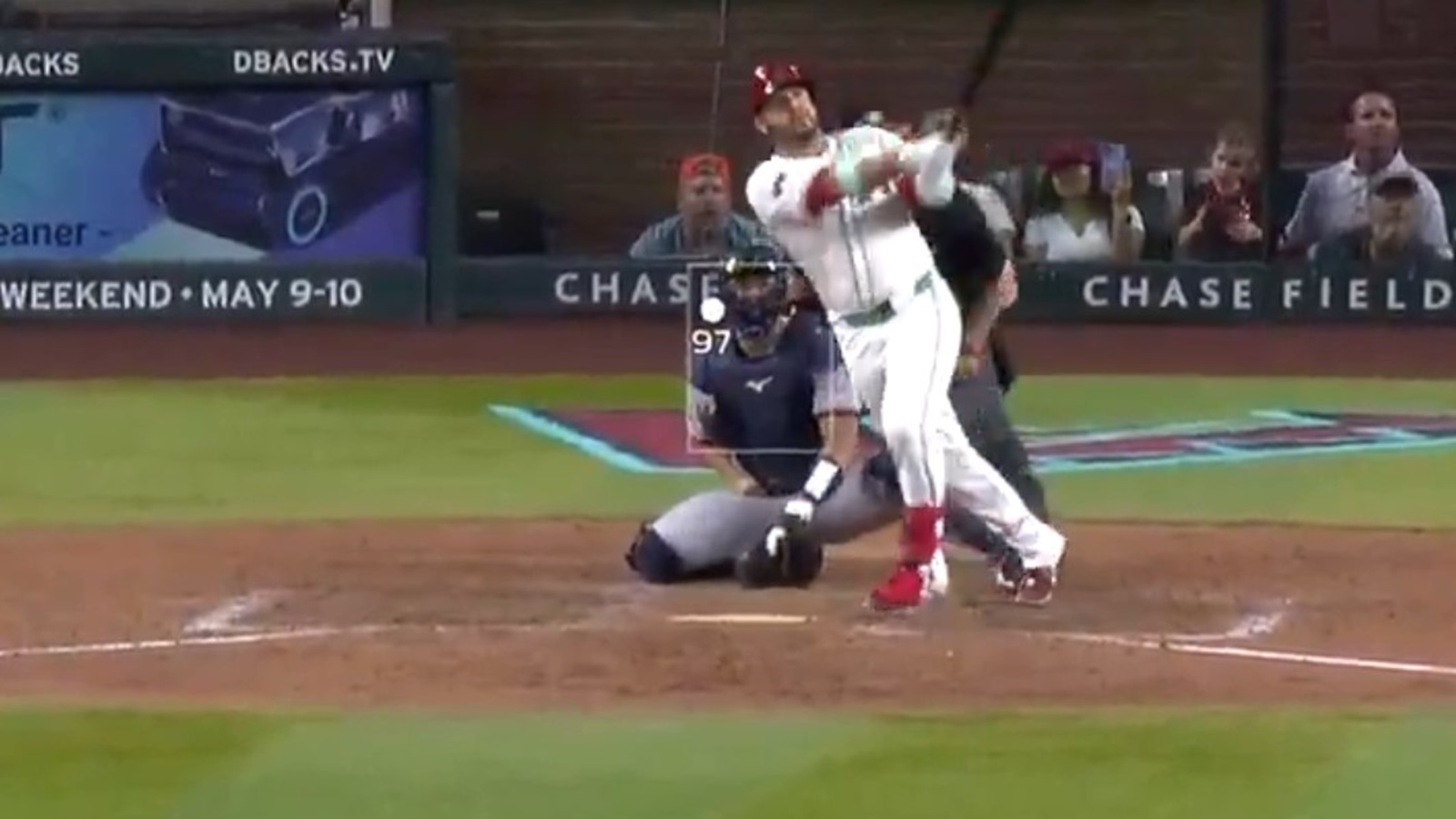 Eugenio Suarez posing after a swing