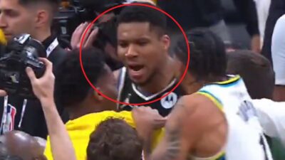 Giannis Antetokounmpo yelling at Bennedict Mathurin