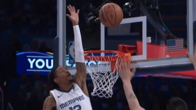 Ja Morant blocking a shot against the Thunder