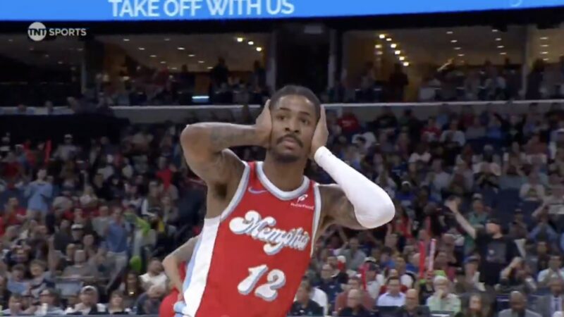 Grizzlies star Ja Morant doing his grenade-throwing celebration