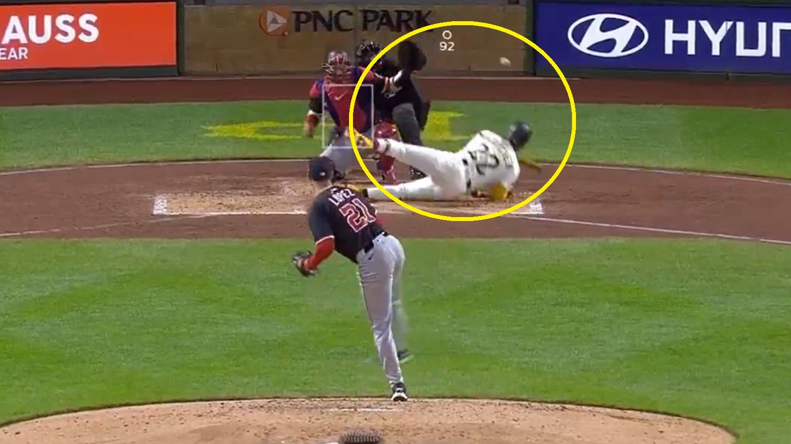 Jorge Lopez throwing at Andrew McCutchen