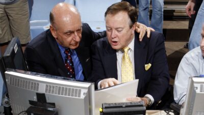 Dick Vitale and Mike Patrick calling a game for ESPN