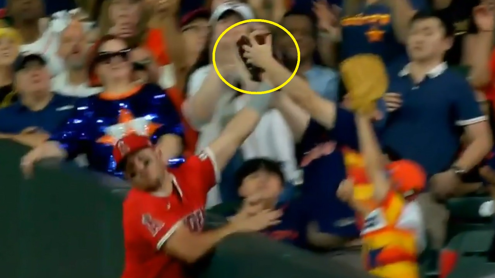 Mike Trout fighting for a ball with an Astros fan